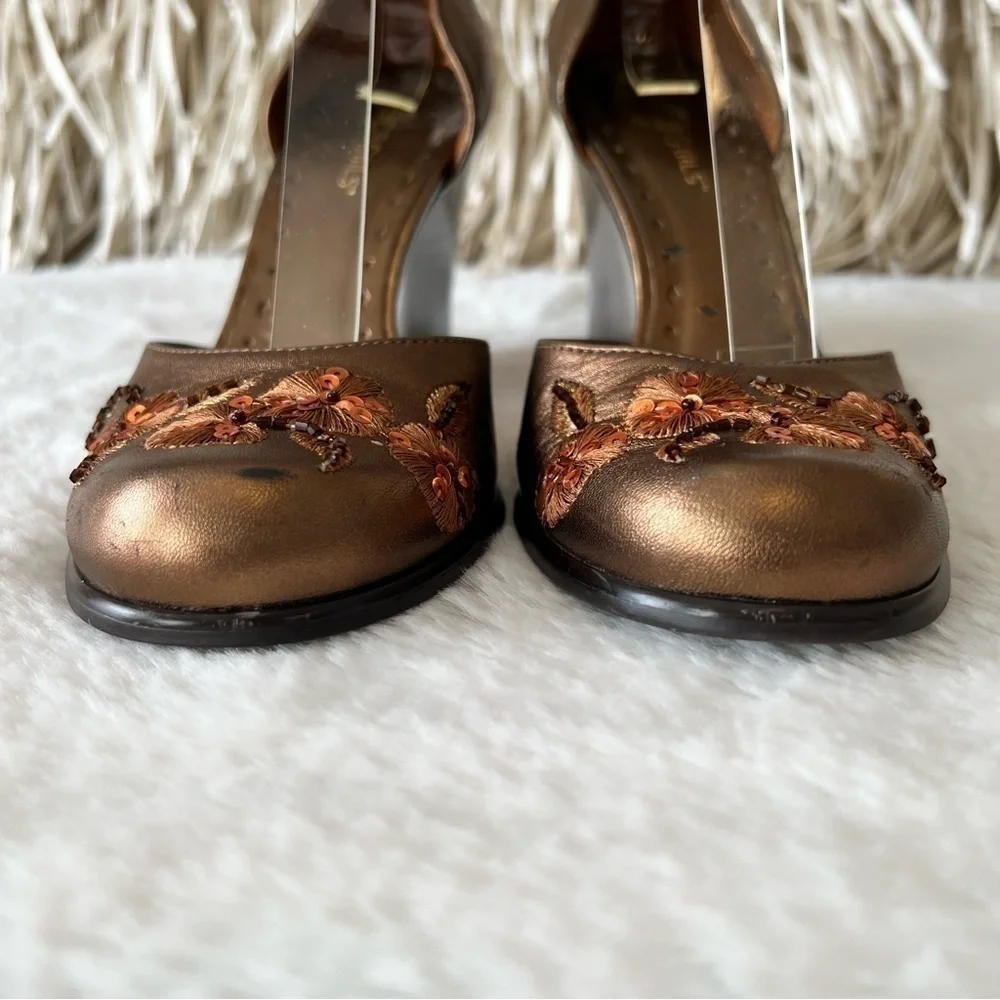 BGBGIRLS 5.5 6 Closed Toes High Heel Wedge Gold Brown Floral Orange Sequins